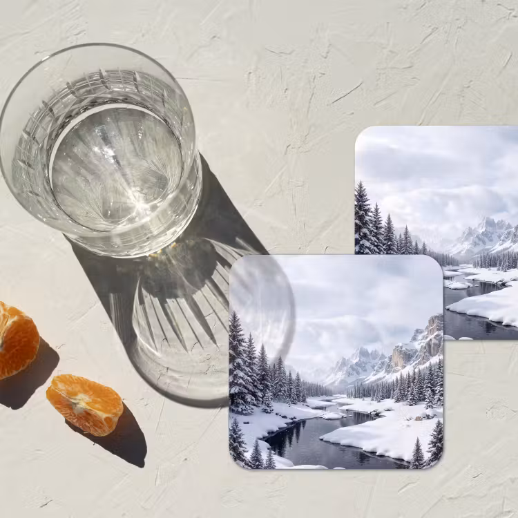 Sneeuwlandschap - Bergen - Rivier - Winter onderzetter kurk middel -sfeer4