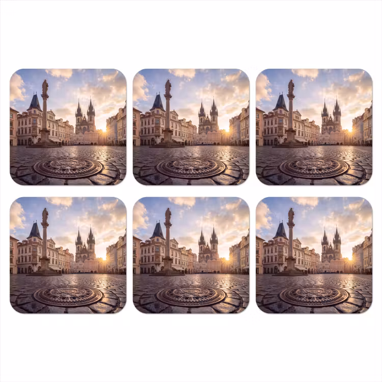 Stad - Praag - Ochtend - Architectuur - Goud onderzetter kurk middel -3d