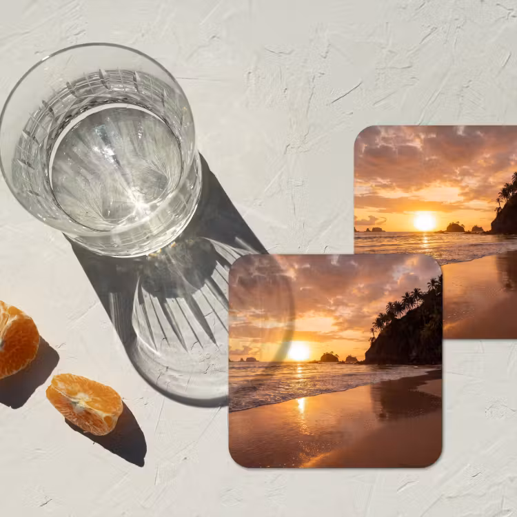 Strand - Zonsondergang - Natuur - Tropisch - Oranje onderzetter kurk middel -sfeer4