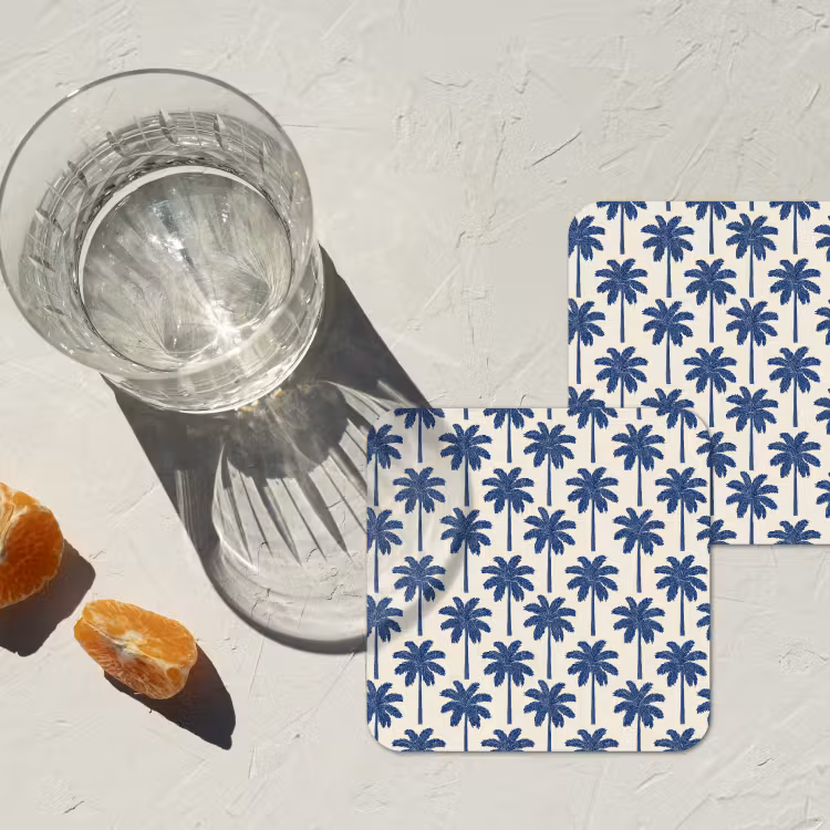 Symmetrisch - Palm - Blauw onderzetter kurk middel 366 -sfeer4
