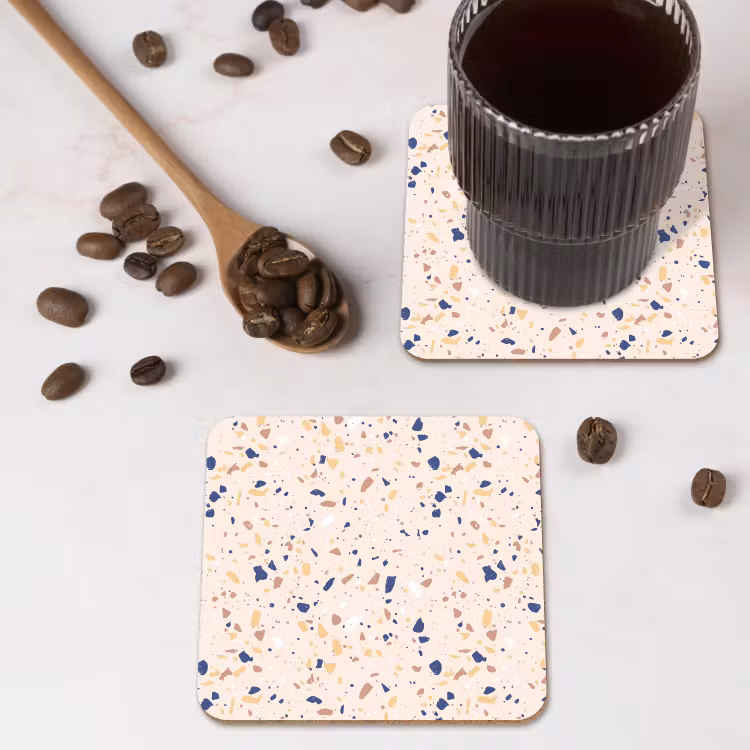 Terrazzo - Patroon - Kleurrijk - Indigo onderzetter kurk middel 366 -sfeer2