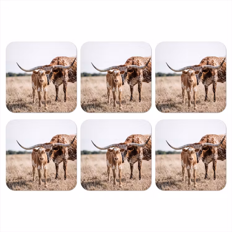 Texas Longhorn - Kalf - Weide - Dieren onderzetter kurk middel -3d