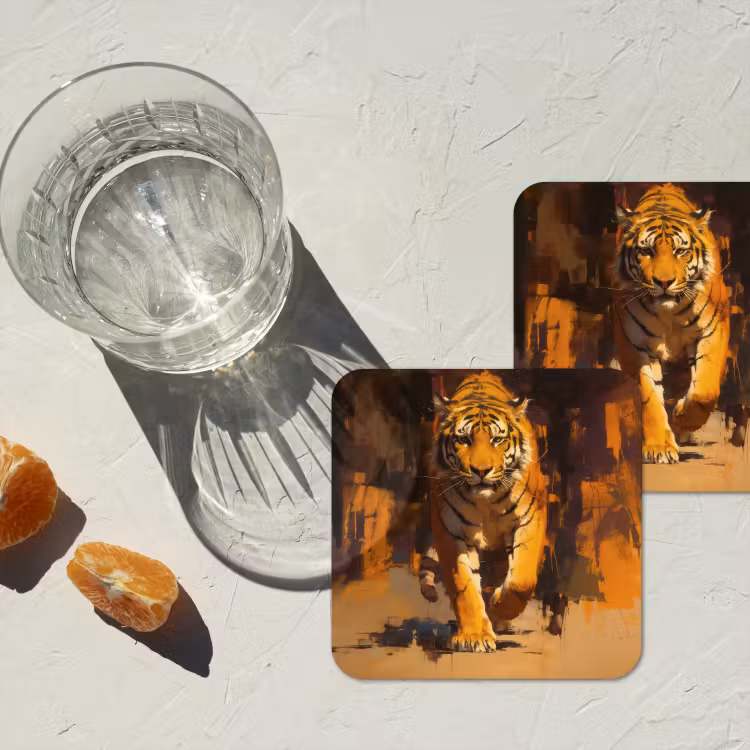 Tijger - Geschilderd - Oranje - Penseelstreken onderzetter kurk middel -sfeer4