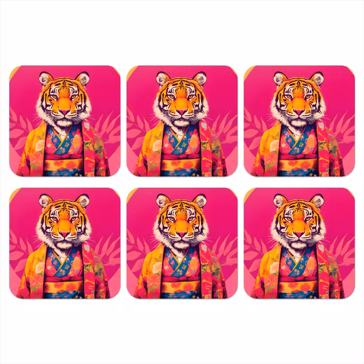 Tijger - Kimono - Planten - Roze onderzetter kurk middel -3d