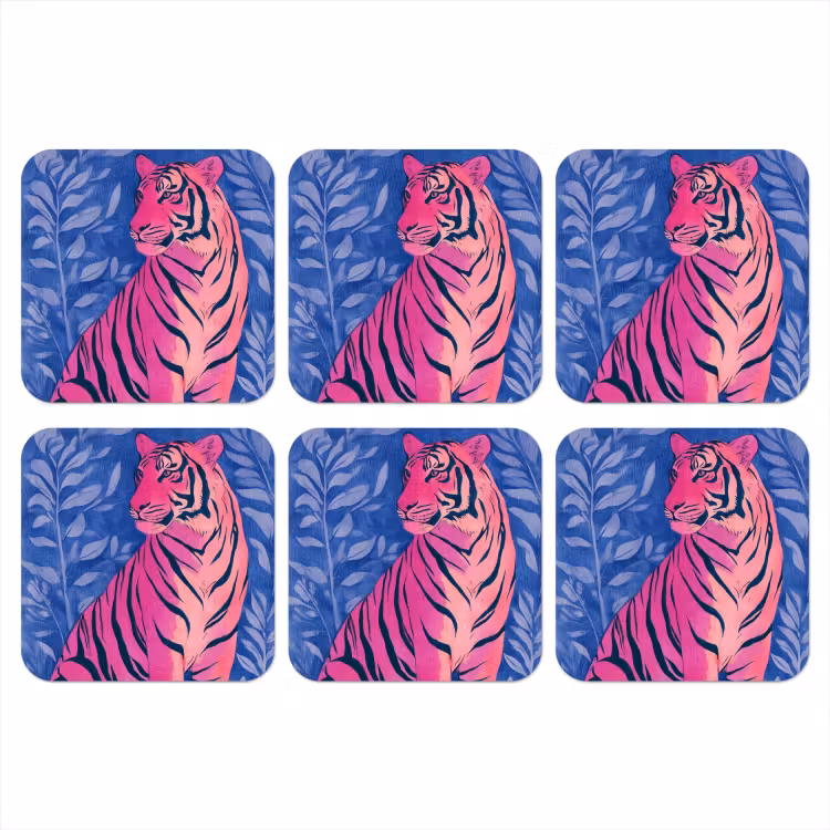 Tijger - Roze - Bladeren - Jungle onderzetter kurk middel -3d