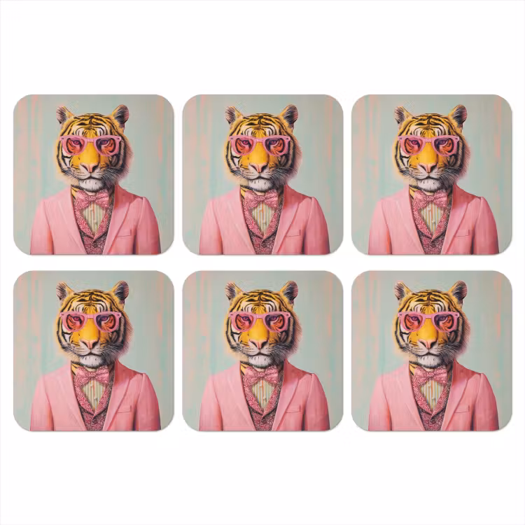 Tijger - Strik - Jasje - Roze onderzetter kurk middel -3d
