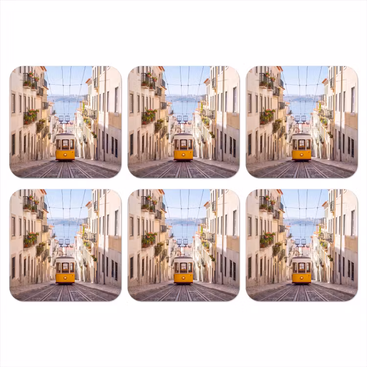 Tram - Straat - Stad - Architectuur - Geel onderzetter kurk middel -3d