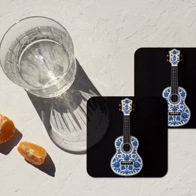 Ukelele - Delfts - Blauw - Muziek onderzetter kurk middel -sfeer4