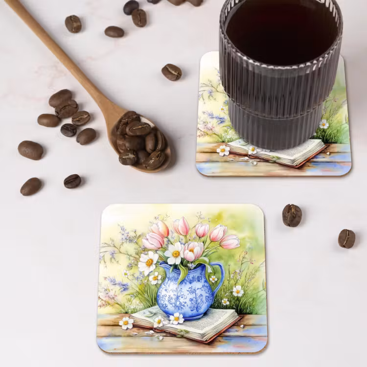 Vaas - Delftsblauw - Madeliefjes onderzetter kurk middel -sfeer2