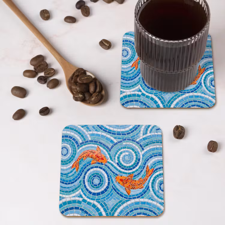 Vis - Mozaïek - Water - Decoratief - Blauw onderzetter kurk middel -sfeer2