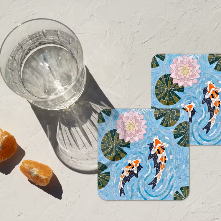Vis - Water - Natuur - Mozaïek - Blauw onderzetter kurk middel -sfeer4