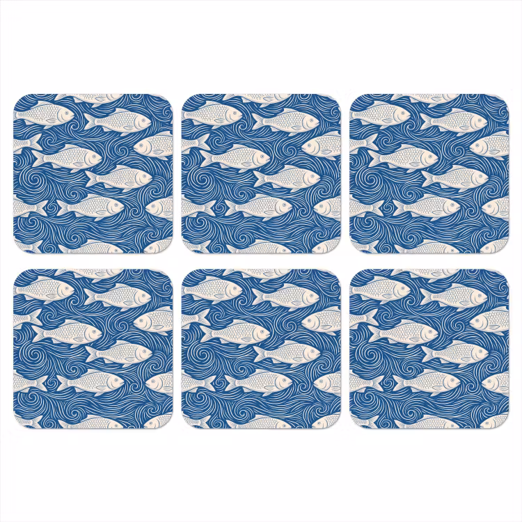 Vis - Water - Patroon - Grafisch - Blauw onderzetter kurk middel -3d