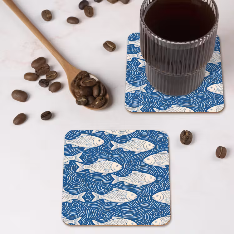 Vis - Water - Patroon - Grafisch - Blauw onderzetter kurk middel -sfeer2