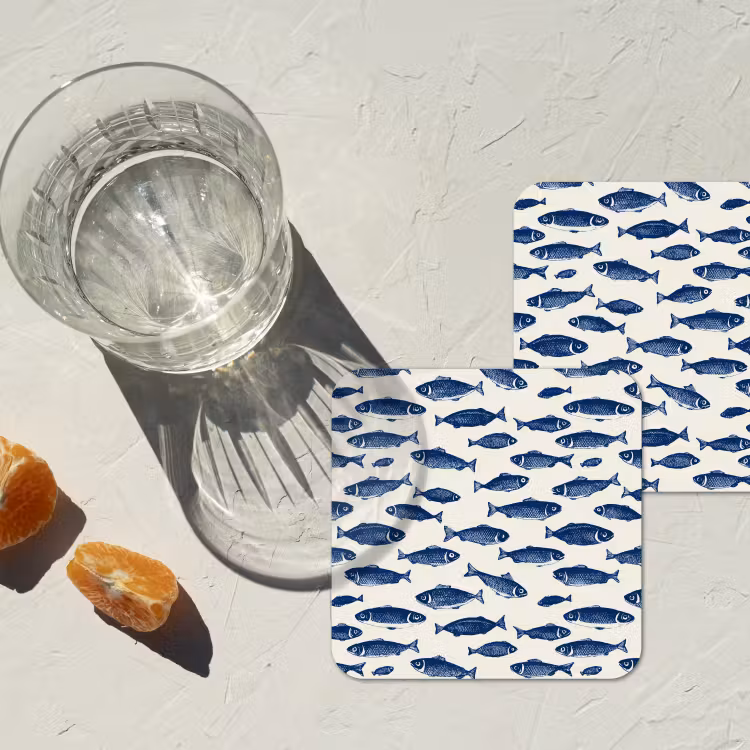 Vissen - Patroon - Blauw - Wit onderzetter kurk middel 366 -sfeer4