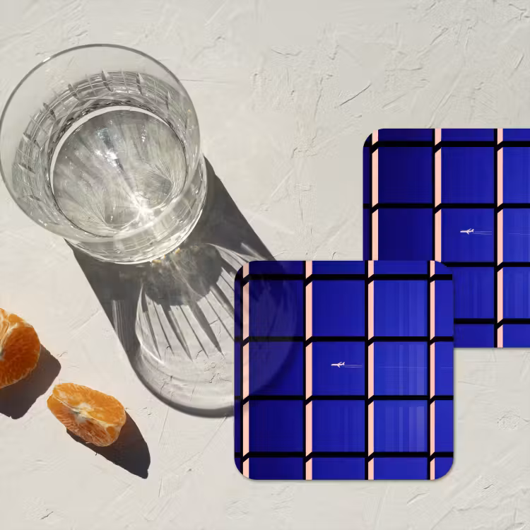 Vliegtuig - Ruiten - Blauw - Rechthoekig onderzetter kurk middel -sfeer4