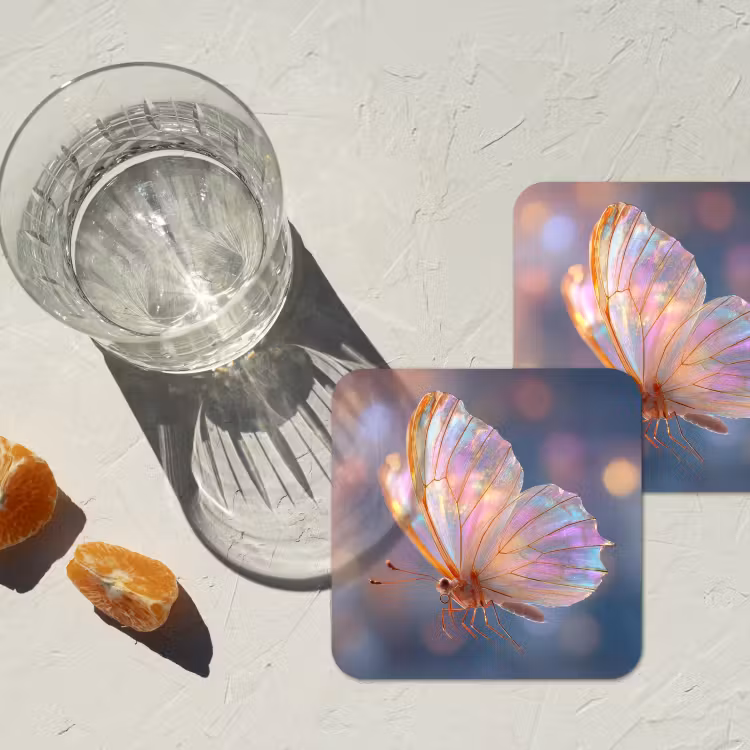 Vlinder - Vleugels - Pastel - Glinstering onderzetter kurk middel -sfeer4