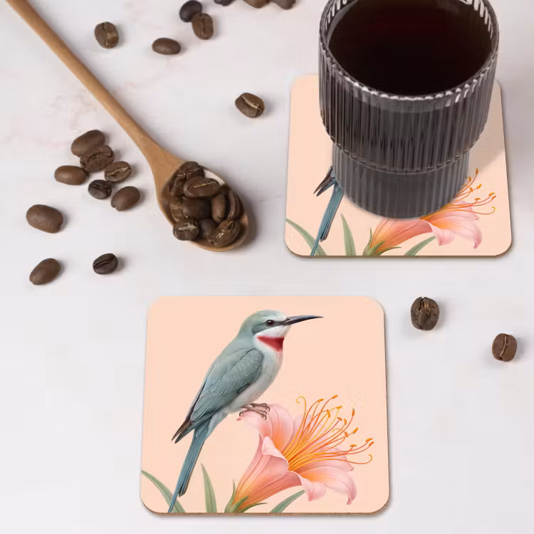 Vogel - Bloem - Natuur - Roze onderzetter kurk middel -sfeer2