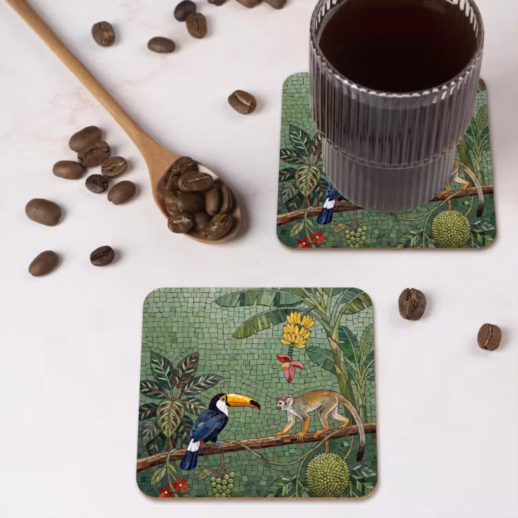 Vogel - Dier - Jungle - Mozaïek - Natuur onderzetter kurk middel -sfeer2