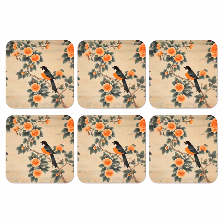 Vogel - Tak - Bloemen - Oranje onderzetter kurk middel -3d