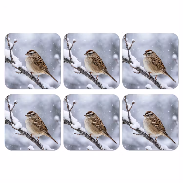 Vogel - Tak - Sneeuw - Winter onderzetter kurk middel -3d