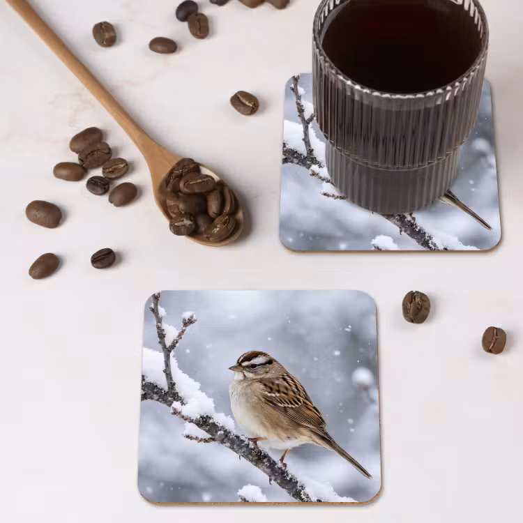 Vogel - Tak - Sneeuw - Winter onderzetter kurk middel -sfeer2