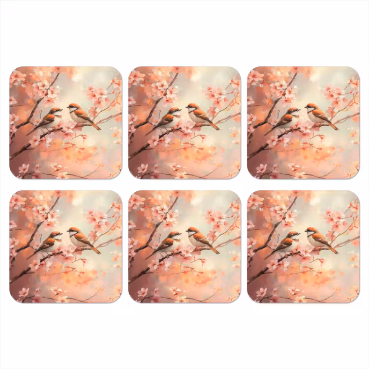 Vogels - Romantic - Bloesemtak onderzetter kurk middel -3d