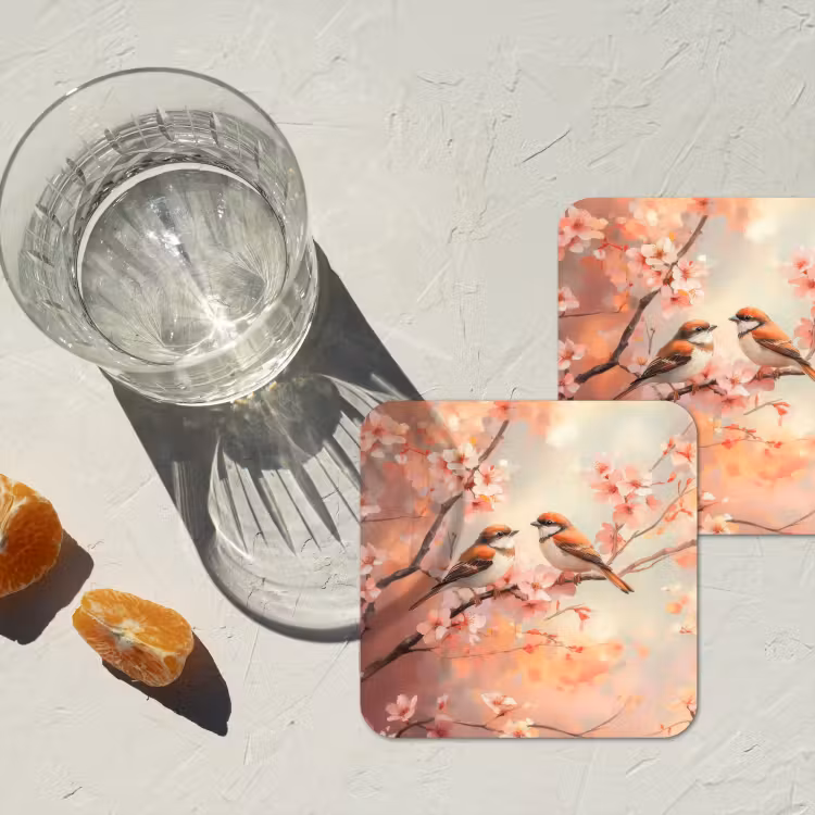 Vogels - Romantic - Bloesemtak onderzetter kurk middel -sfeer4