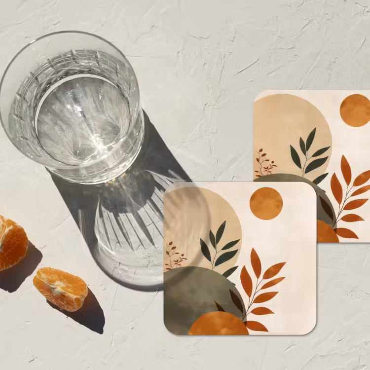 Vormen - Rond - Bladeren - Beige onderzetter kurk middel -sfeer4