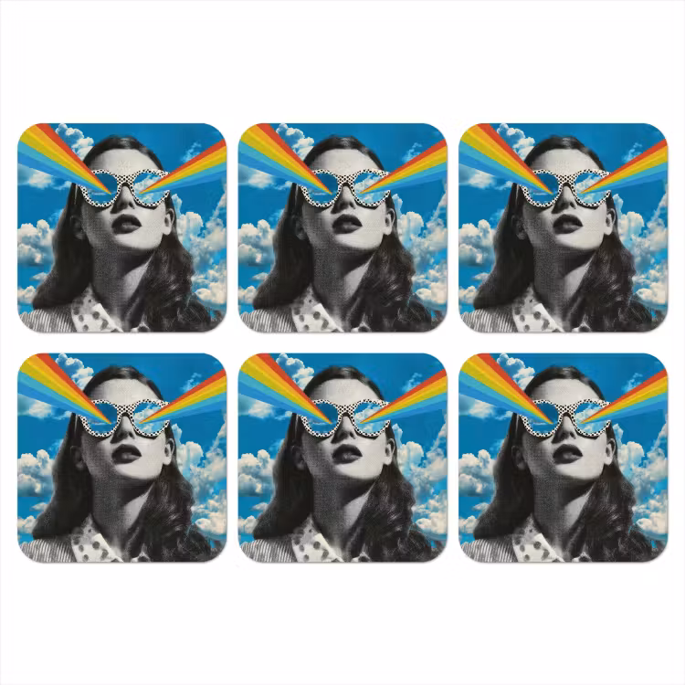 Vrouw - Bril - Regenboog - Wolken onderzetter kurk middel -3d