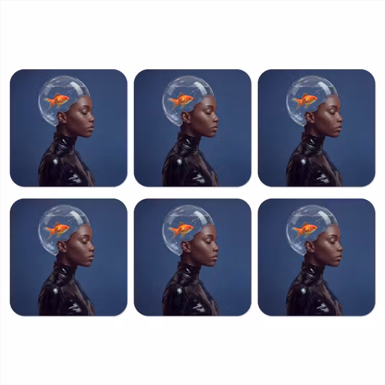 Vrouw - Goudvis - Hoofd - Abstract - Blauw onderzetter kurk middel -3d