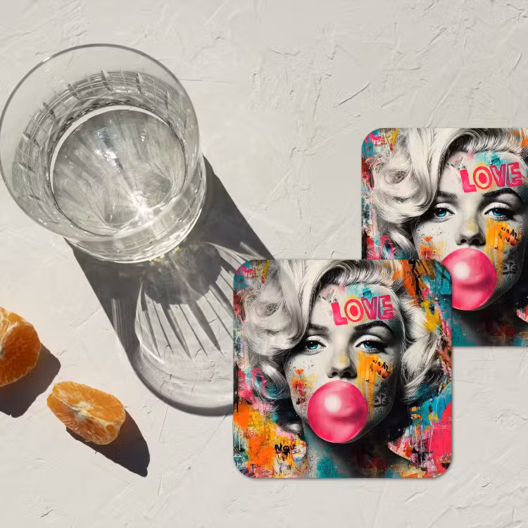 Vrouw - Kauwgom - Graffiti - Neonkleuren onderzetter kurk middel -sfeer4