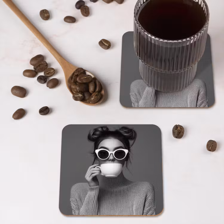 Vrouw - Koffie - Zwart - Wit onderzetter kurk middel -sfeer2