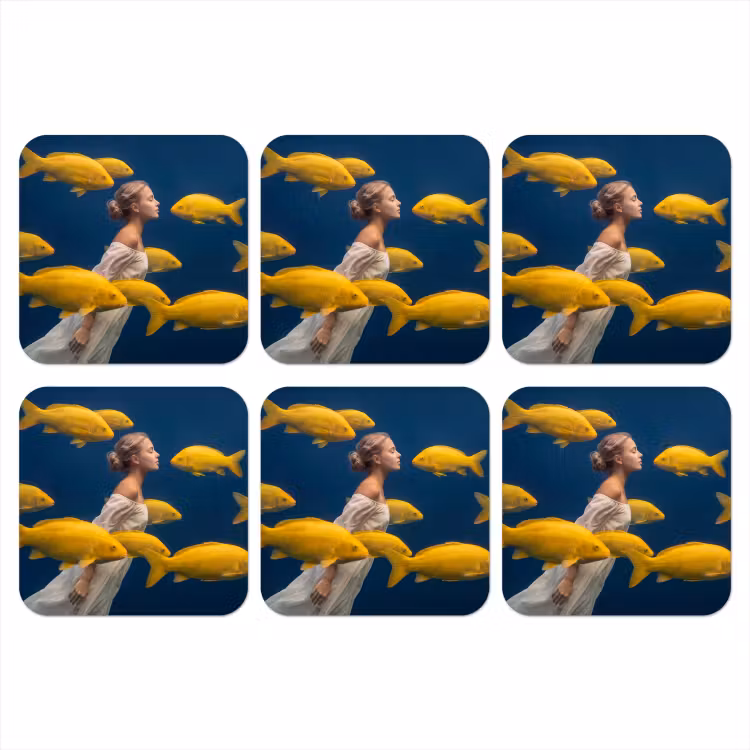 Vrouw - Vis - Water - Natuur - Geel onderzetter kurk middel -3d