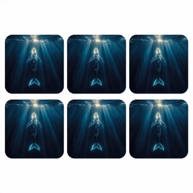 Walvis - Water - Zonnestralen - Blauw onderzetter kurk middel -3d