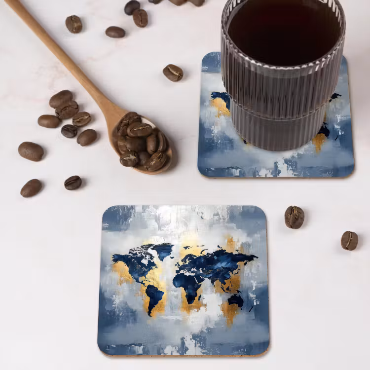 Wereldkaart - Blauw - Abstract onderzetter kurk middel -sfeer2