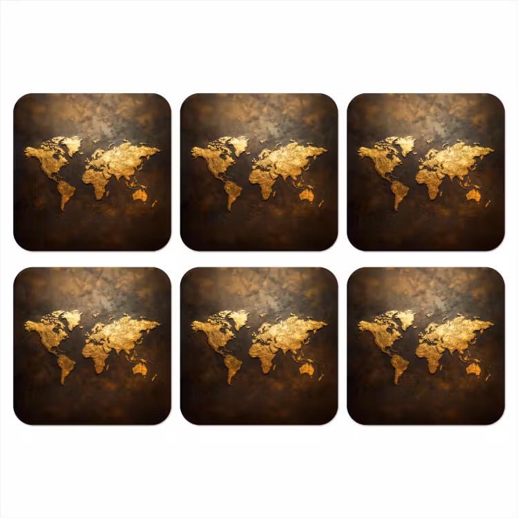 Wereldkaart - Goud - Roest onderzetter kurk middel -3d