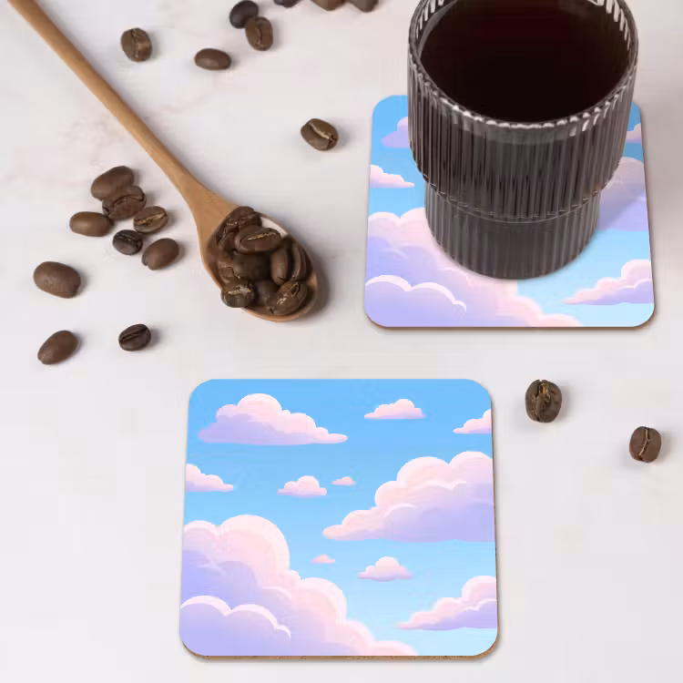 Wolken - Roze - Blauw - Natuur - Modern onderzetter kurk middel -sfeer2