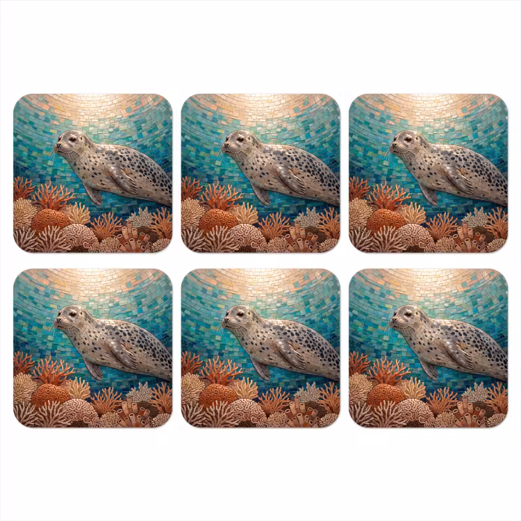 Zeehond - Mozaïek - Onderwater - Dieren - Blauw onderzetter kurk middel -3d