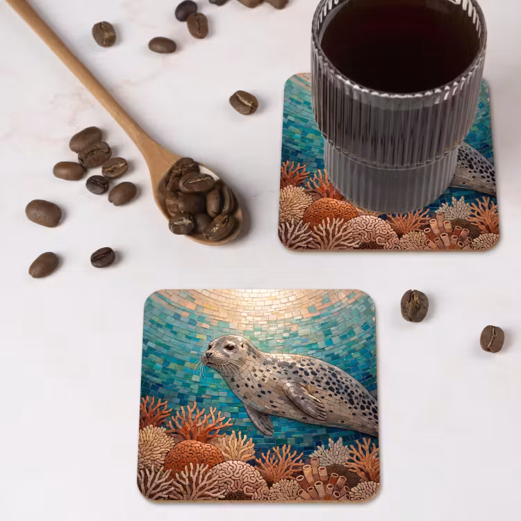 Zeehond - Mozaïek - Onderwater - Dieren - Blauw onderzetter kurk middel -sfeer2
