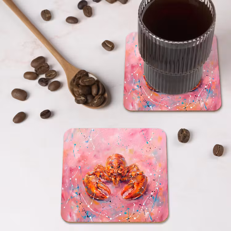 Zeeleven - Kreeft - Spatters - Abstract - Roze onderzetter kurk middel -sfeer2