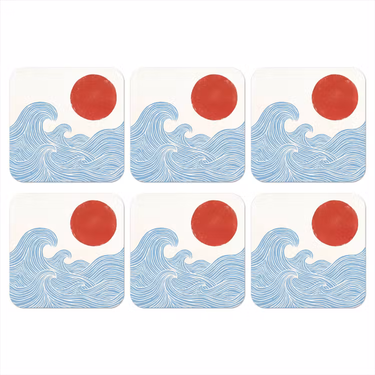 Zon - Golven - Oceaan - Abstract - Rood onderzetter kurk middel -3d