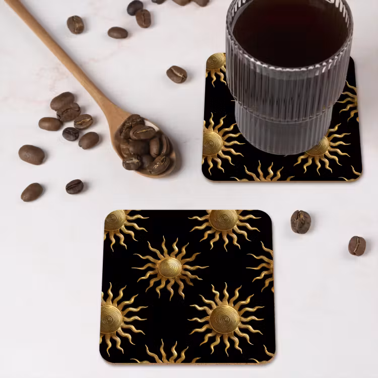 Zon - Patroon - Luxe - Goud - Zwart onderzetter kurk middel 366 -sfeer2