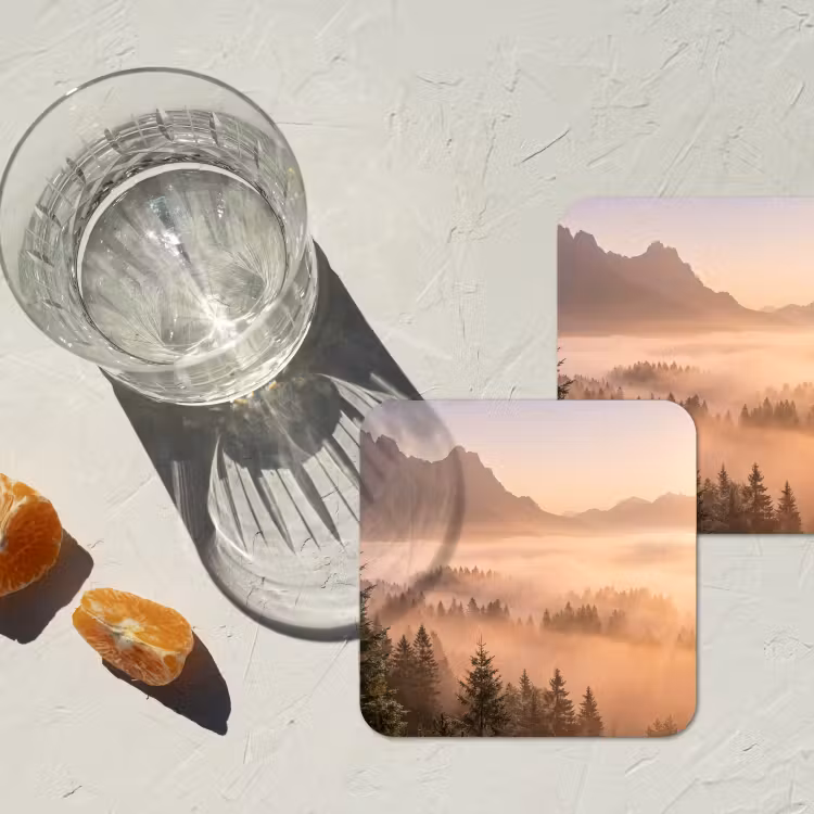 Zonlicht - Mist - Bergen - Bomen onderzetter kurk middel -sfeer4