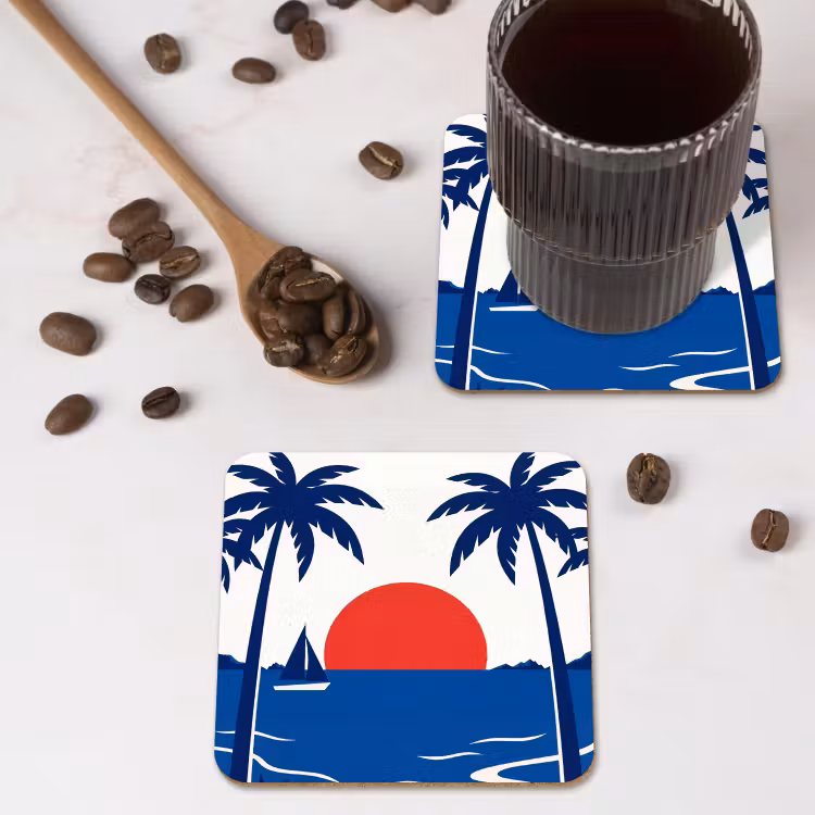 Zonsondergang - Zee - Palmboom - Tropisch - Modern onderzetter kurk middel -sfeer2