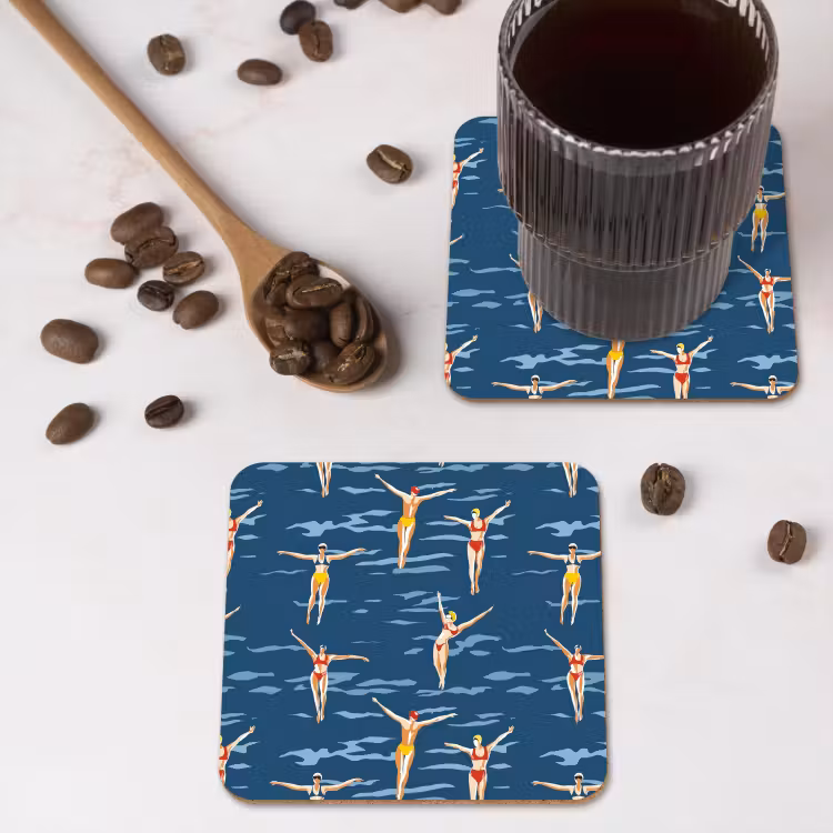 Zwemsters- Retro - Blauw onderzetter kurk middel 366 -sfeer2