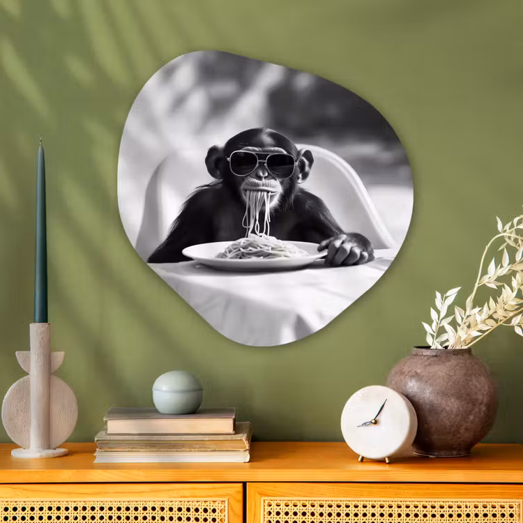 Aap - Spaghetti - Zonnebril - Zwart wit - Cool - Dier Wandcirkel Organisch Aluminium middel -sfeer2