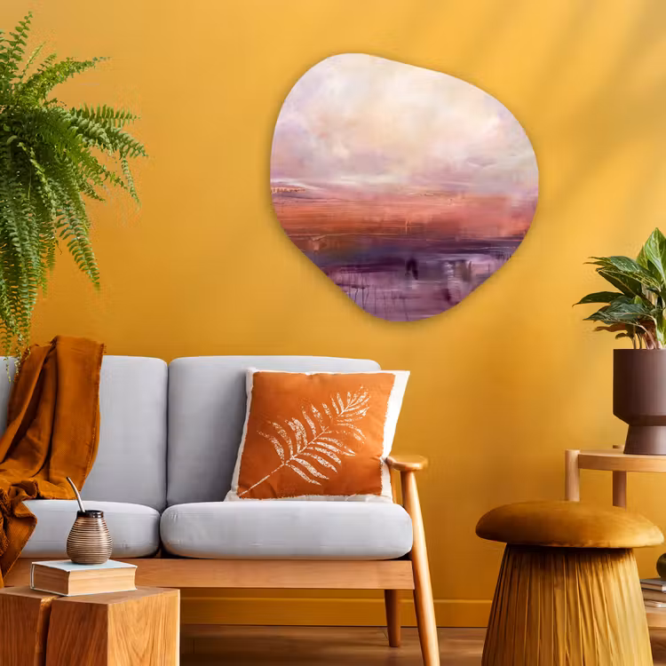 Abstract - Landschap - Modern - Paars - Oranje Wandcirkel Organisch Aluminium middel -sfeer4