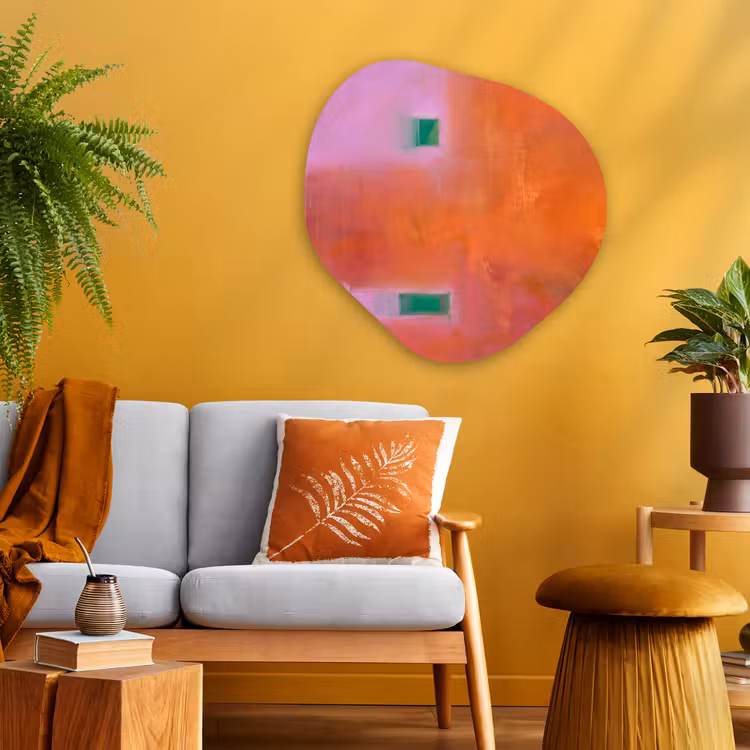 Abstract - Vlakken - Kunst - Modern - Oranje Wandcirkel Organisch Aluminium middel -sfeer4