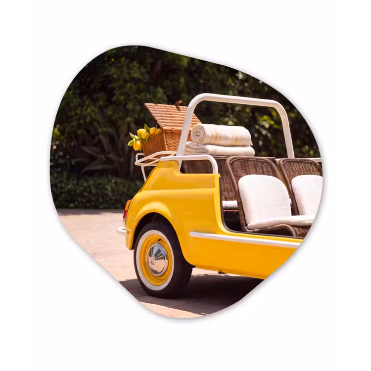Auto - Picknick - Zomer - Geel Wandcirkel Organisch Aluminium middel -3d