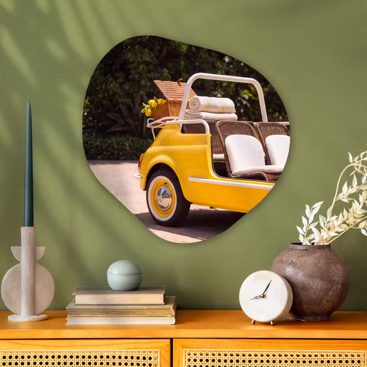 Auto - Picknick - Zomer - Geel Wandcirkel Organisch Aluminium middel -sfeer2